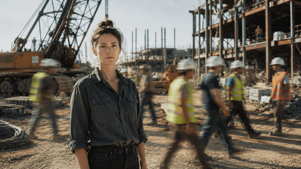Yang earth stem in K-Saju shown as a steady woman standing firm at a construction site while workers move around her in motion