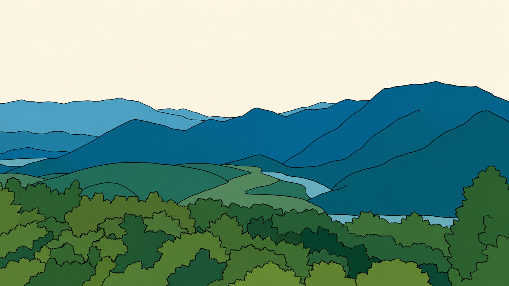 Yang earth stem in K-Saju illustrated as layered green mountains and a winding river, symbolizing grounded, enduring strength