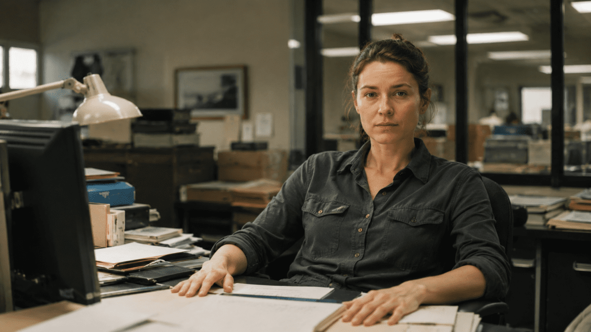 Yang earth stem in K-Saju shown as a composed woman seated firmly at a cluttered office desk, calm amid surrounding workplace activity