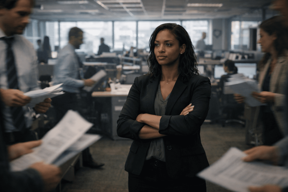 yang earth stem in K-Saju — woman standing steady arms crossed in busy office