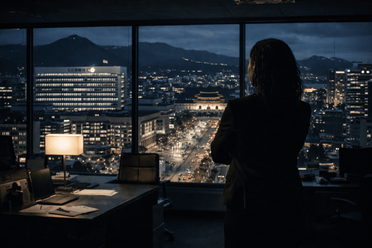 yang earth stem in K-Saju — woman standing alone at office window overlooking Seoul at night