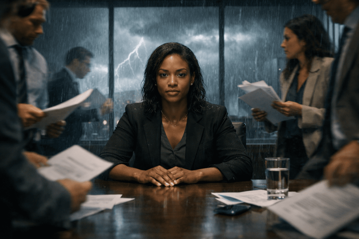 yang earth stem in K-Saju — woman seated at desk unmoved as storm breaks through the window behind her