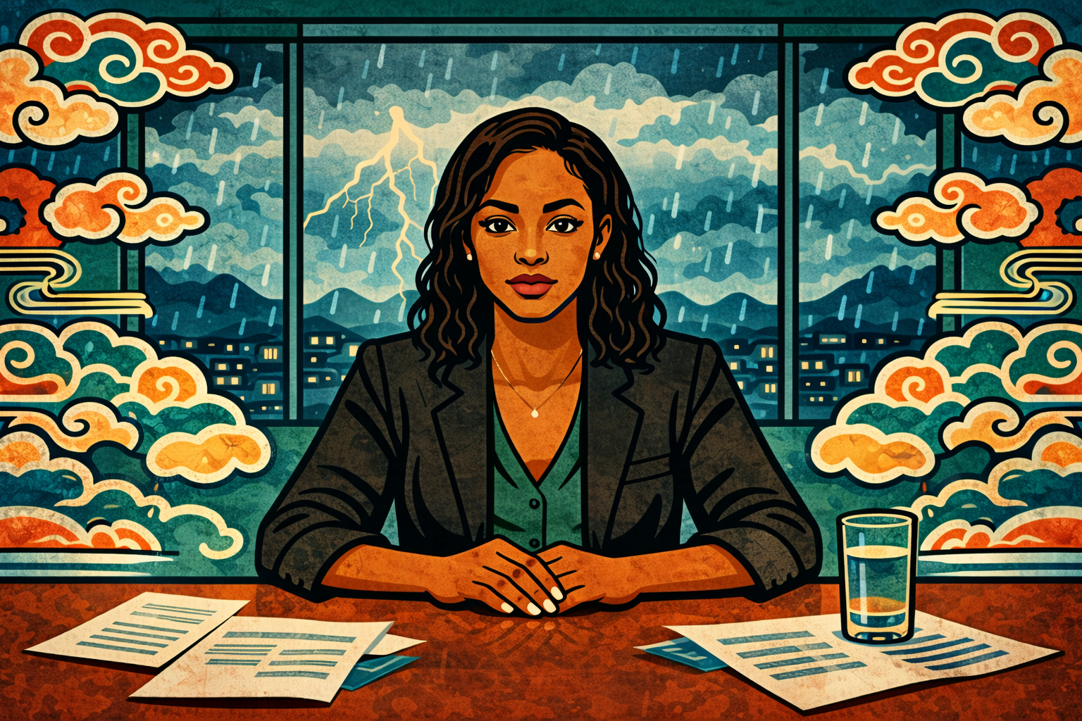 yang earth stem in K-Saju — woman seated at desk unmoved as storm breaks through the window behind her