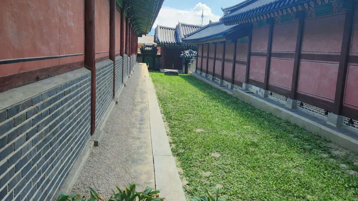 Yang fire stem in K-Saju — bright sunlit courtyard between two palace corridor walls, evenly lit from above.
