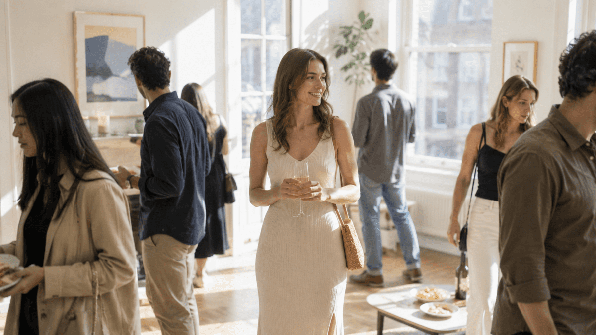 Woman standing in a sunlit room full of people, warm light spreading evenly across every corner.
