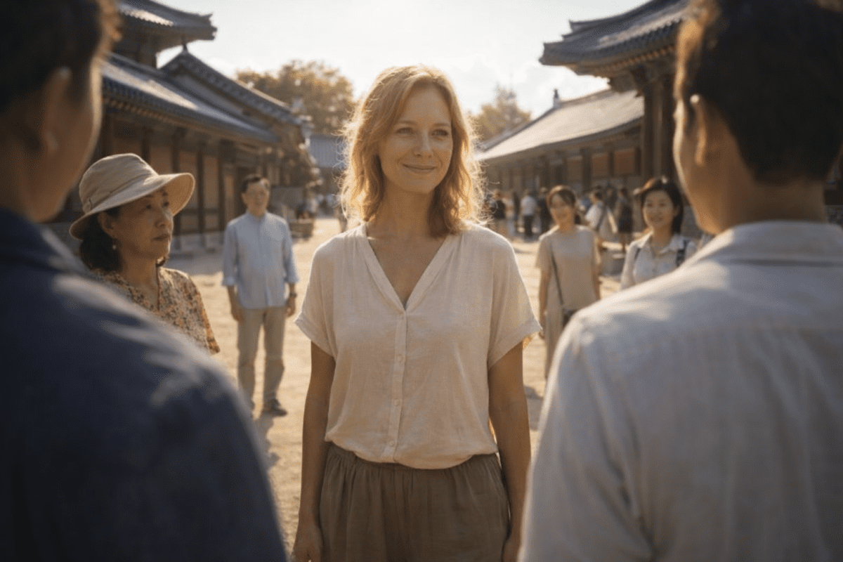 yang fire stem in K-Saju — woman radiating warmth surrounded by people at Korean palace