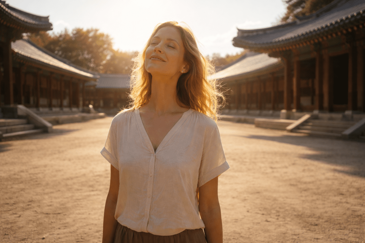 yang fire stem in K-Saju — woman standing alone in sunlit Korean palace courtyard eyes closed