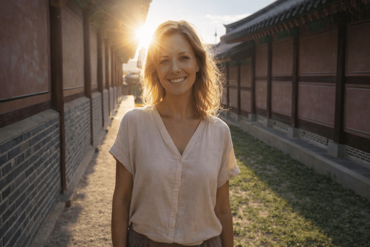 yang fire stem in K-Saju — woman standing in sunlight at Korean palace corridor