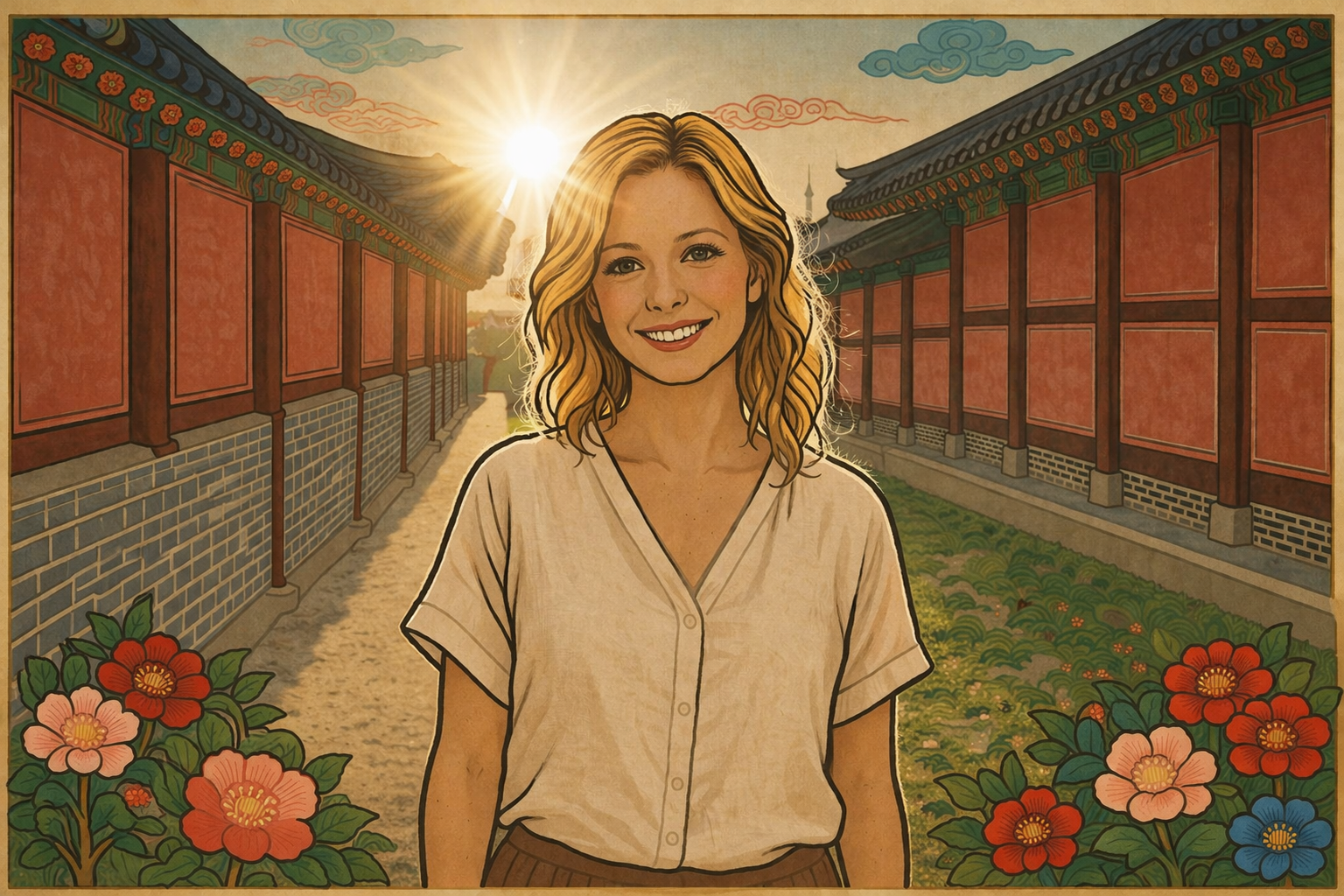 yang fire stem in K-Saju — minhwa style woman smiling in sunlight at Korean palace corridor