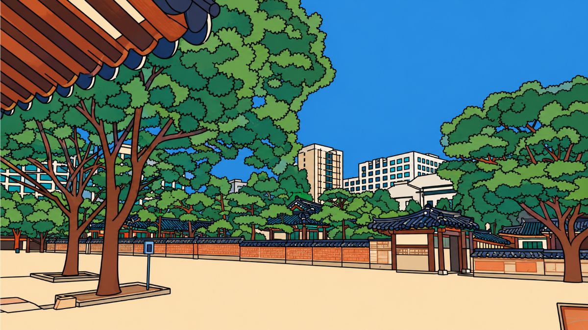 Illustrated Korean hanok rooftops and green trees with modern city buildings behind, symbolizing yang metal stem in K-Saju