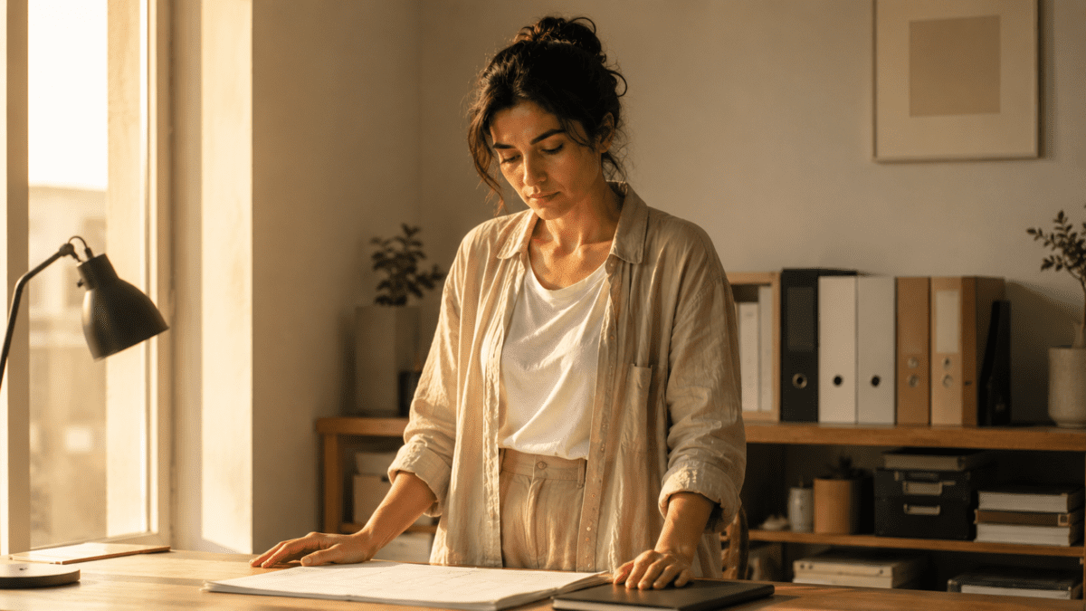 Yang metal stem in K-Saju shown as a woman standing over an organized desk in calm light, symbolizing refined precision once direction is given