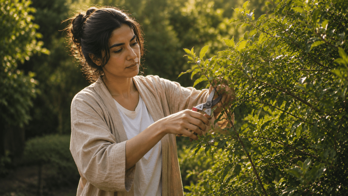 Yang metal stem in K-Saju shown as a woman pruning a branch with shears, symbolizing decisive cutting that shapes rather than destroys