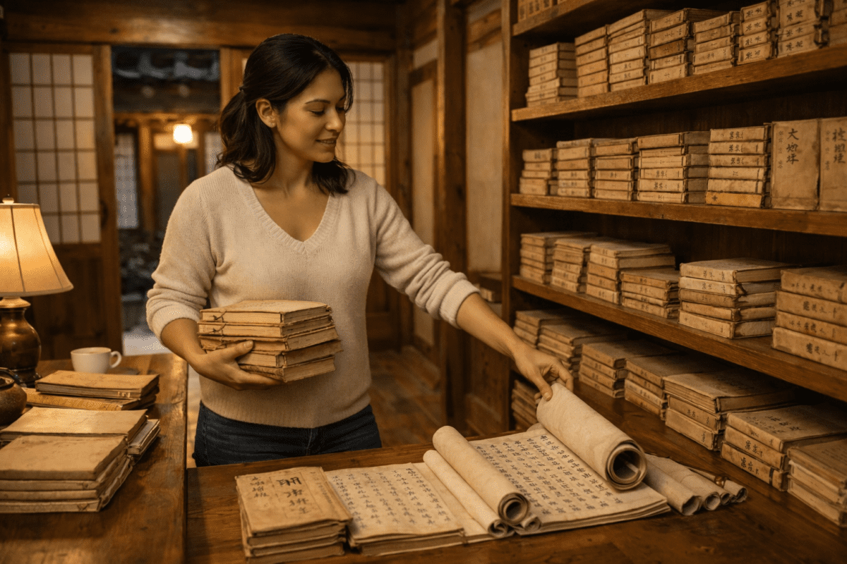 yang metal stem in K-Saju — woman sorting old manuscripts on shelves in traditional Korean study room