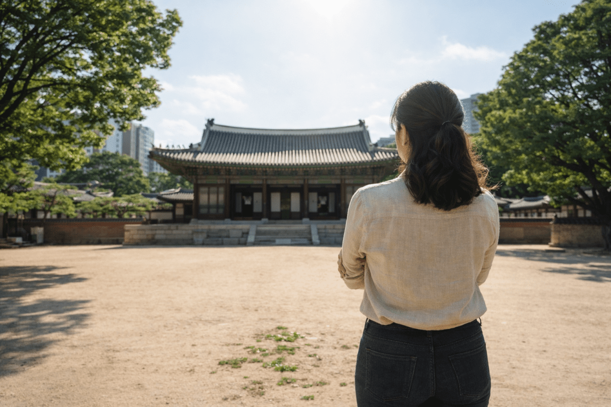 yang metal stem in K-Saju — woman standing alone in empty palace courtyard facing the main hall