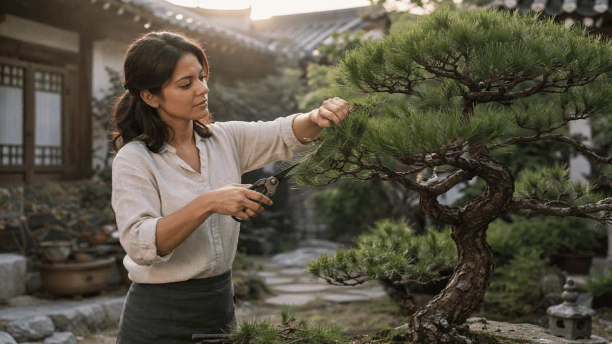 yang metal stem in K-Saju — woman pruning pine bonsai with shears in traditional Korean garden