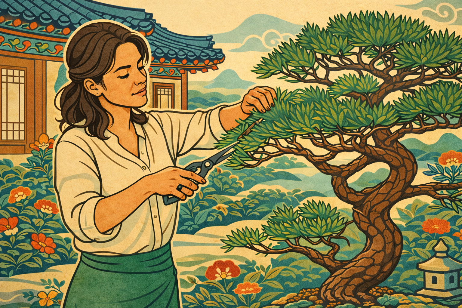 yang metal stem in K-Saju — woman pruning twisted pine with shears in minhwa style Korean garden