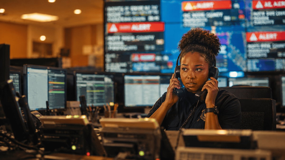 A dispatcher managing two phone calls amid flood alert screens in a busy emergency control room, symbolizing the yang water stem in K-Saju