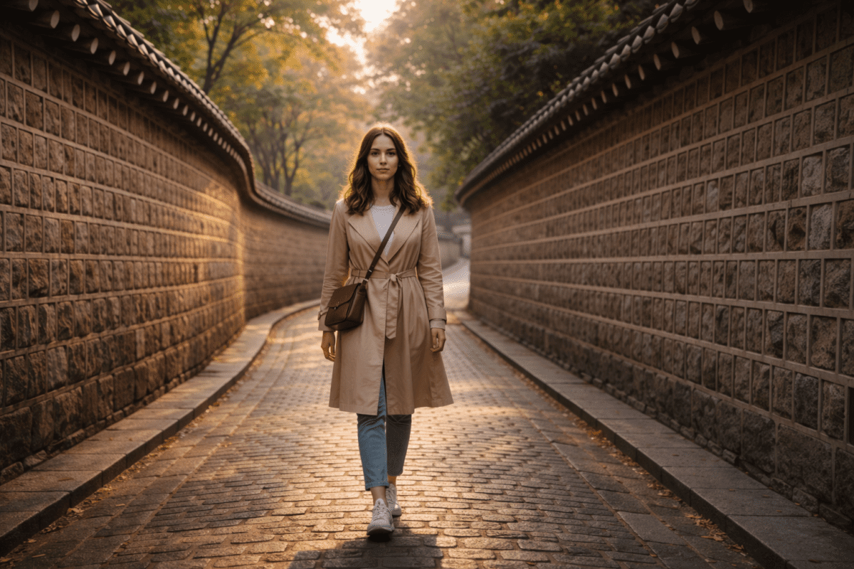 yang water stem in K-Saju — woman walking straight through narrow stone-walled palace alley at golden hour
