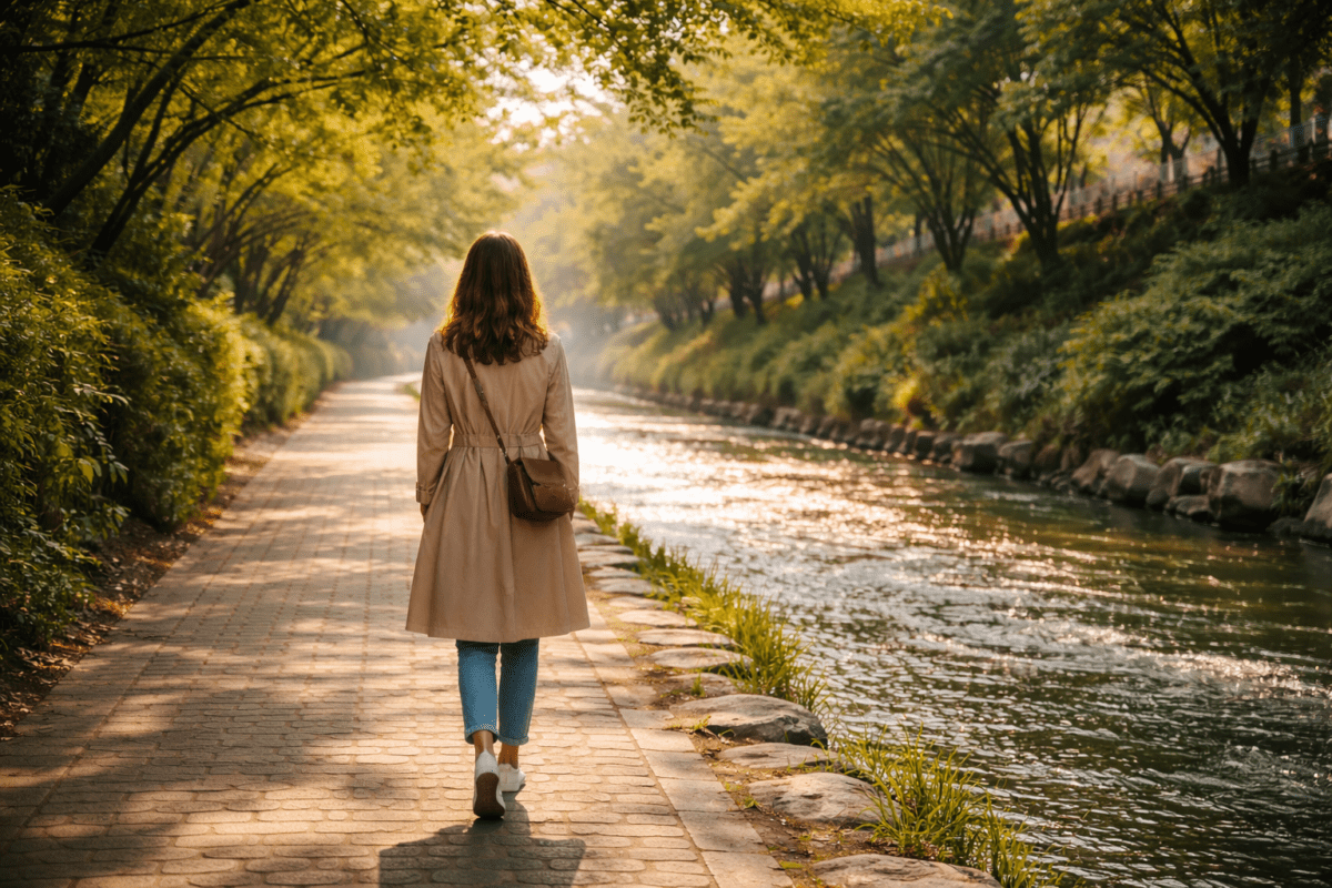 yang water stem in K-Saju — woman walking streamside path beside flowing river through green canopy