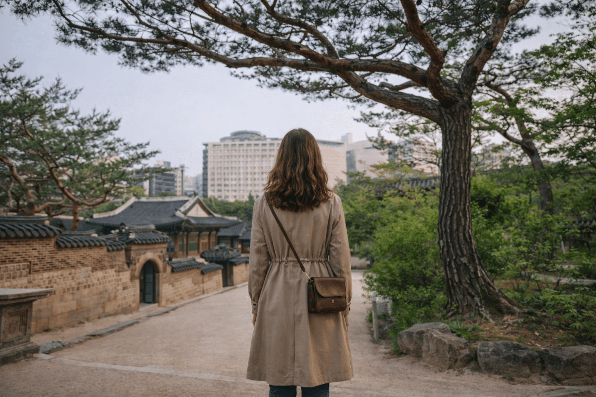 yang water stem in K-Saju — woman walking path between traditional palace walls and pine trees in Seoul