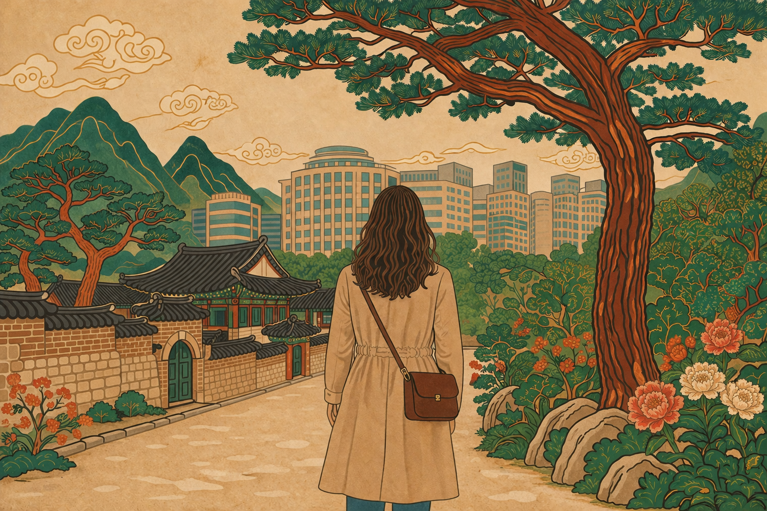 yang water stem in K-Saju — woman standing before Korean palace gate with pine tree and Seoul skyline in minhwa style