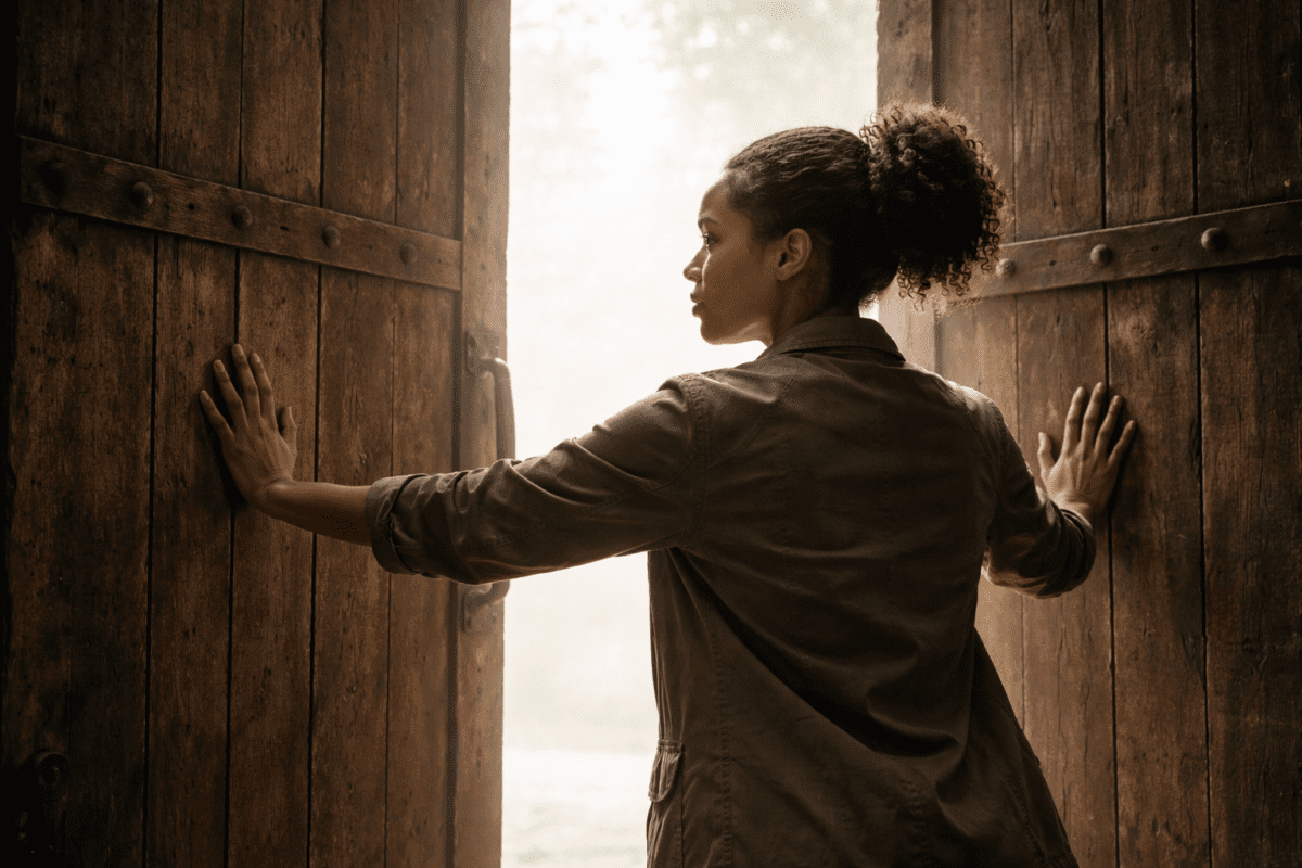 yang wood stem in K-Saju — woman pushing open heavy wooden doors