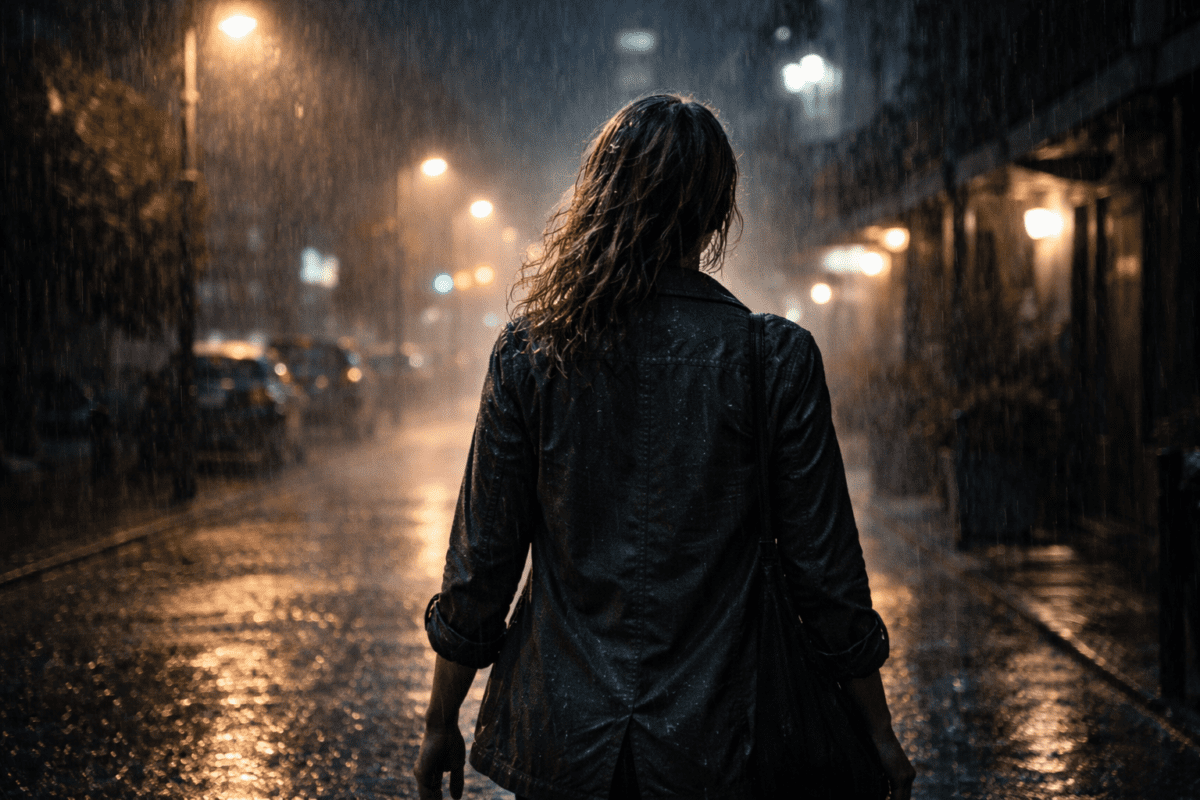 yang wood stem in K-Saju — woman walking through heavy rain at night
