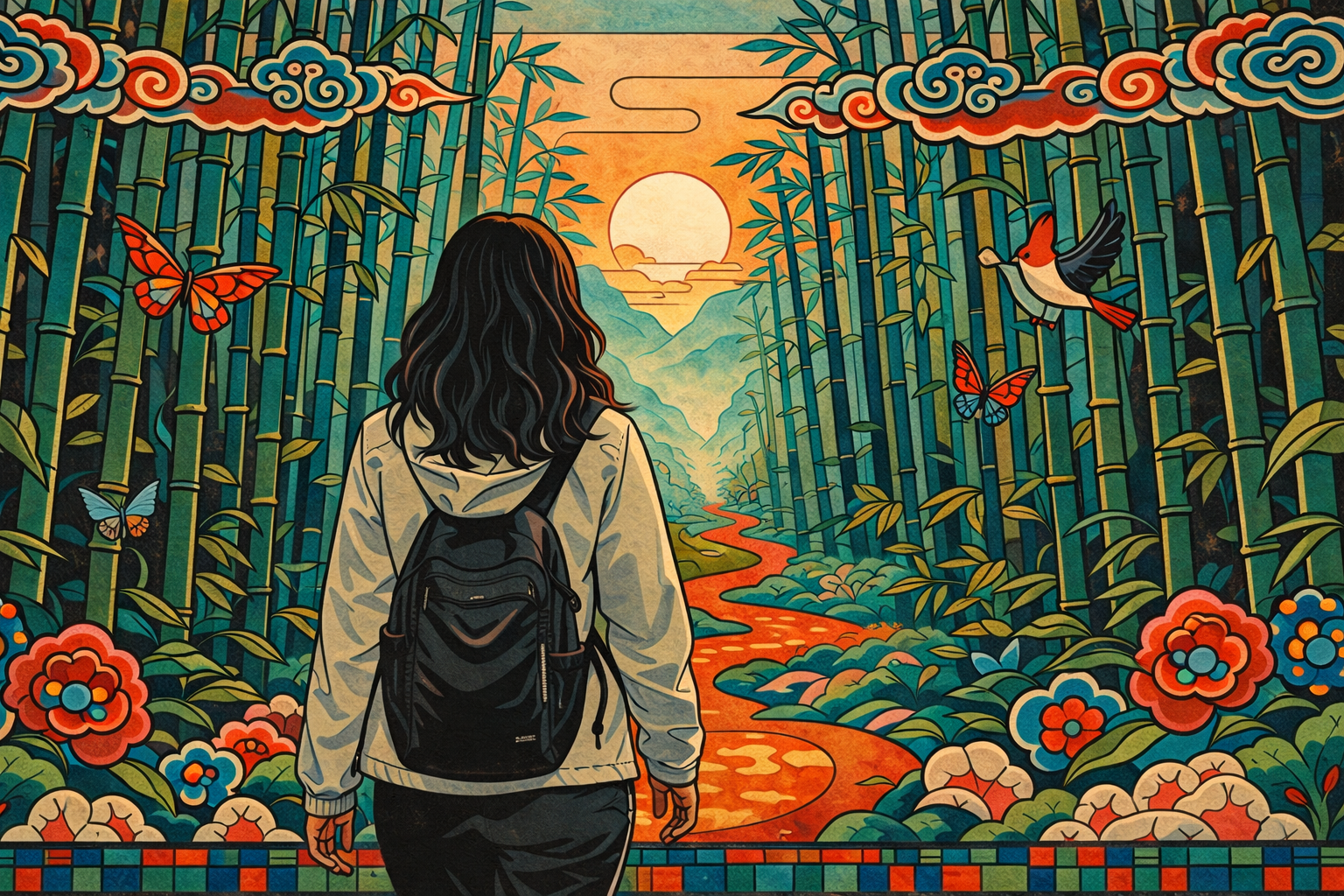 yang wood stem in K-Saju — minhwa style woman walking through bamboo forest toward the sun