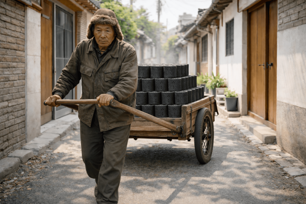 yeontan Korean coal briquette — delivery man pulling cart stacked with coal briquettes through Korean alleyway