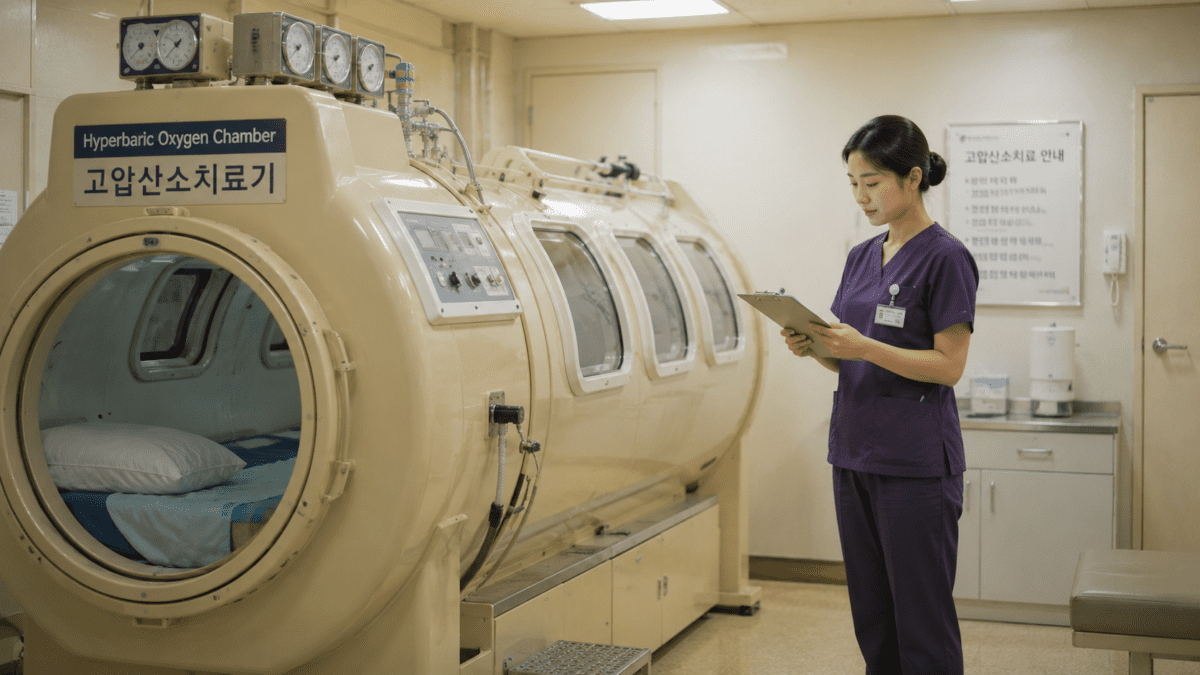 Nurse checking notes beside a hyperbaric oxygen chamber, the treatment historically used for yeontan Korean coal briquette poisoning