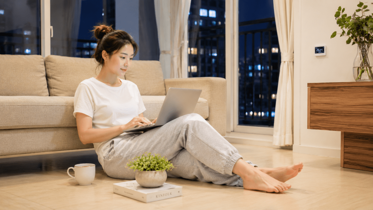 Woman sitting barefoot on a warm modern floor with her laptop, a quiet distance from the yeontan Korean coal briquette era