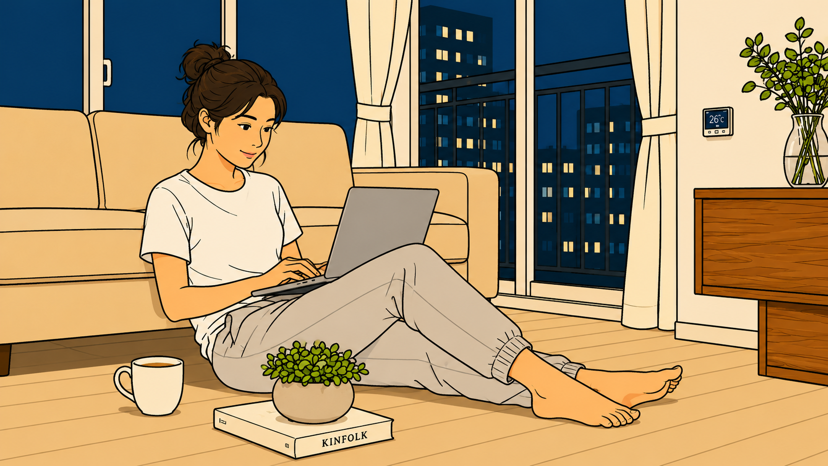 Illustrated woman sitting barefoot on a warm modern floor with her laptop, thumbnail for K-Saju culture series on yeontan Korean coal briquette