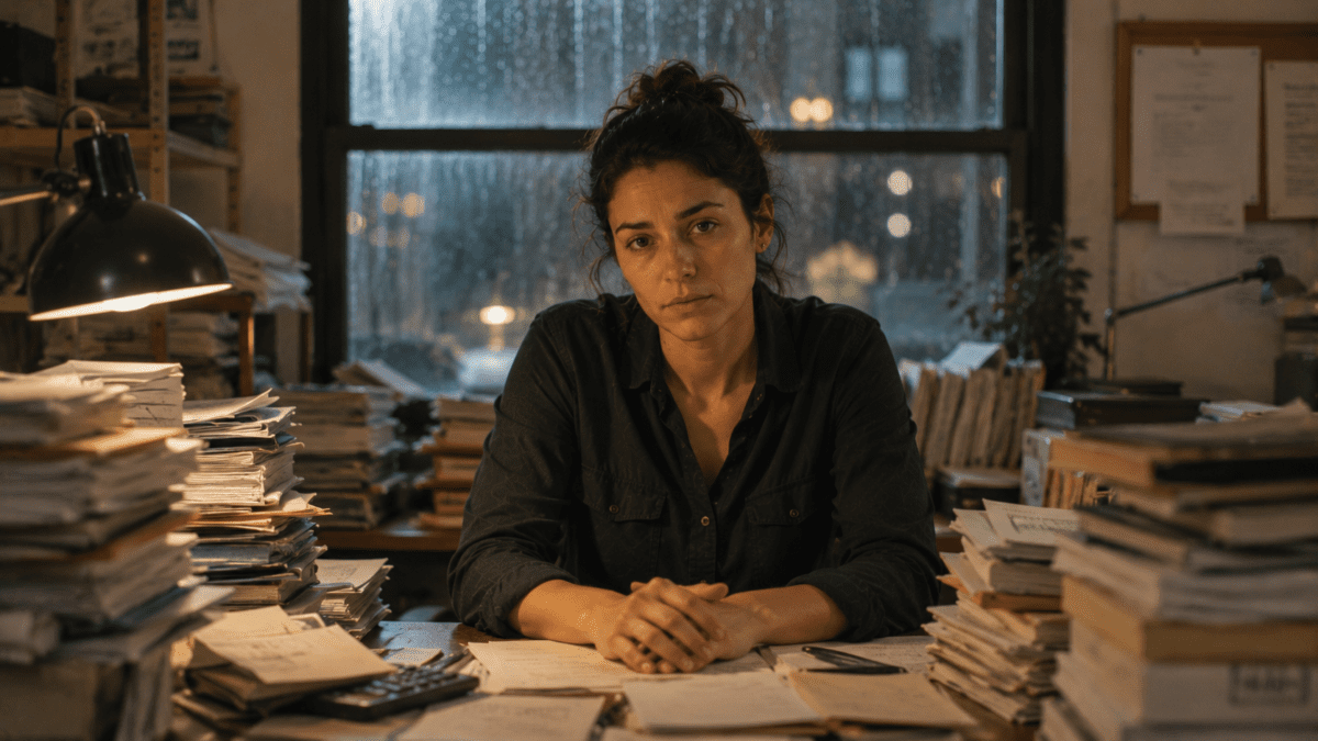 Yin earth stem in K-Saju shown as a woman seated at a desk buried in stacked papers by a rain-streaked window, processing what continues to accumulate
