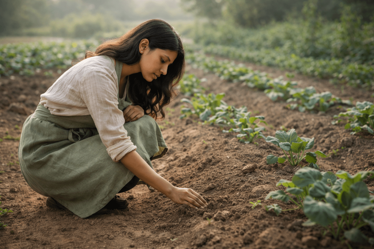 yin earth stem in K-Saju — woman crouching to tend soil between young seedlings at dawn