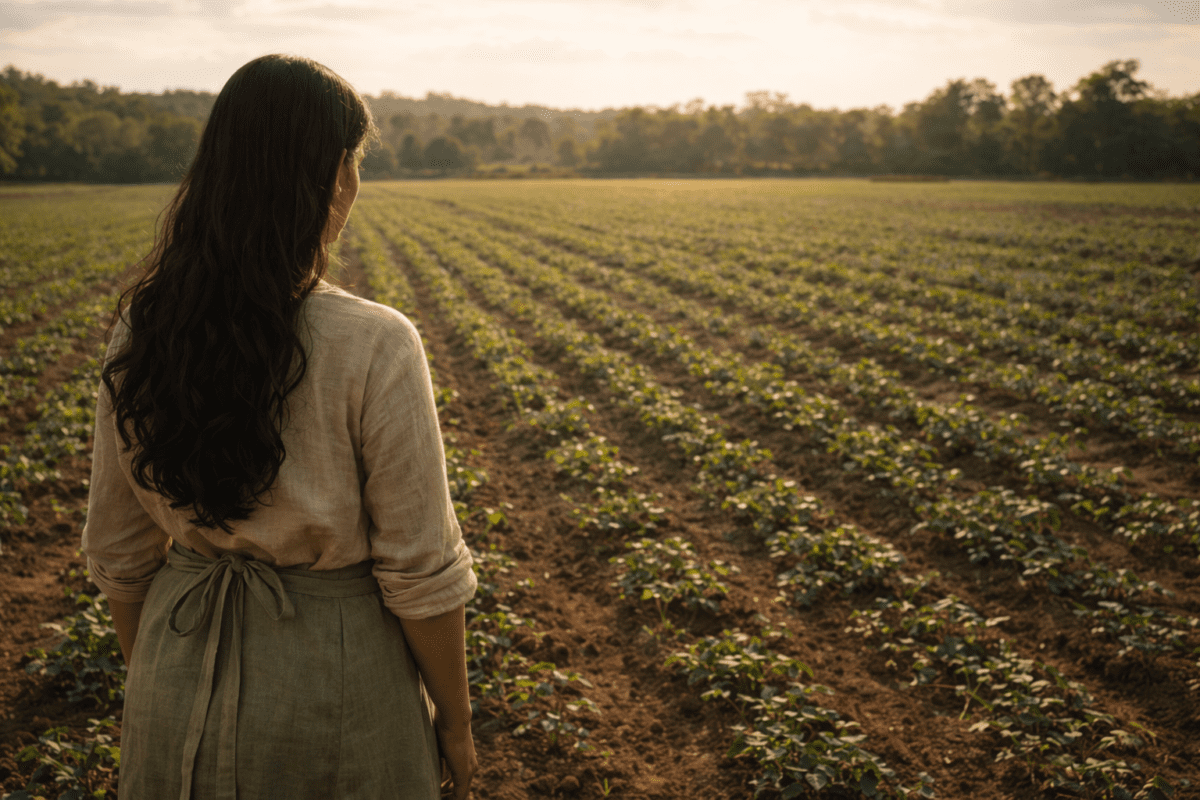 yin earth stem in K-Saju — woman standing at the edge of a vast field at golden hour