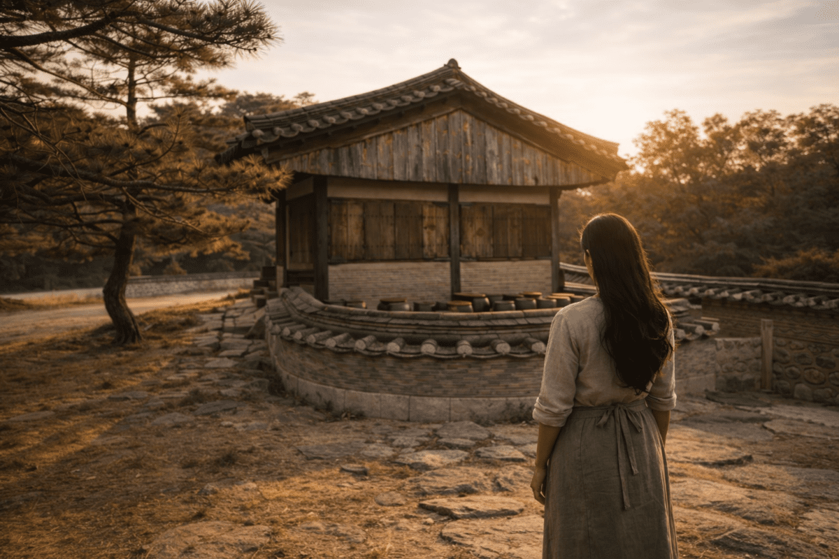 yin earth stem in K-Saju — woman standing before jangdokdae at golden hour