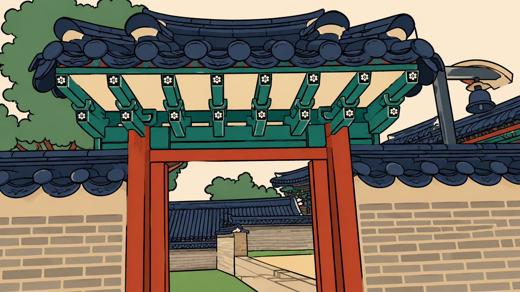 Minhwa-style illustration of a traditional Korean palace gateway framed by ornate green brackets, representing the yin fire stem in K-Saju