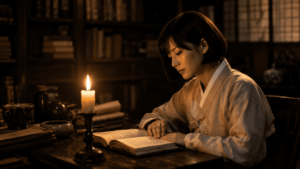 Woman in hanbok reading by a single candle in a quiet library, one steady flame marking the page.