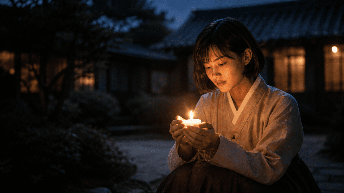 Woman in hanbok shielding a small candle flame against the dark outdoors, one hand cupped around the light.