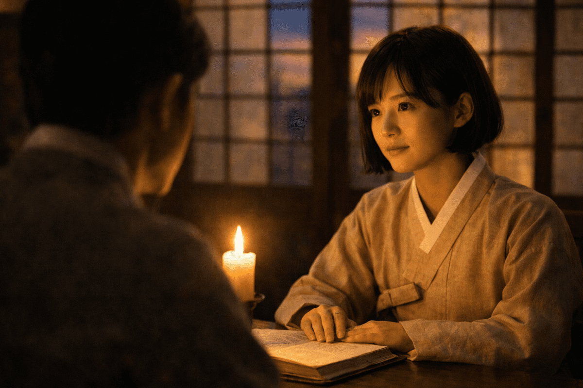 yin fire stem in K-Saju — woman in hanbok in candlelit conversation across the table