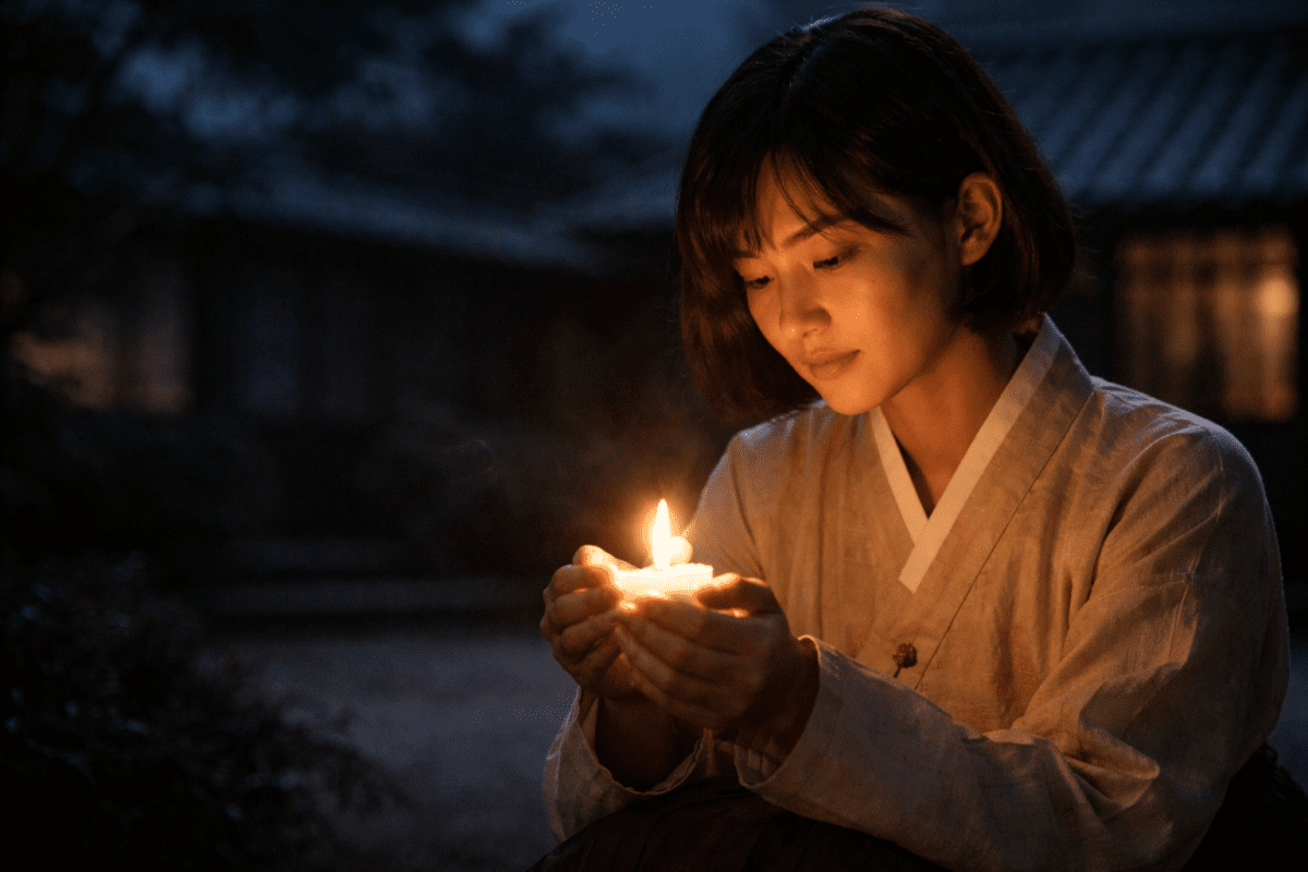 yin fire stem in K-Saju — woman in hanbok holding candle flame in cupped hands at night