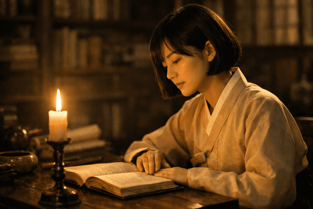 yin fire stem in K-Saju — woman in hanbok reading by candlelight in library
