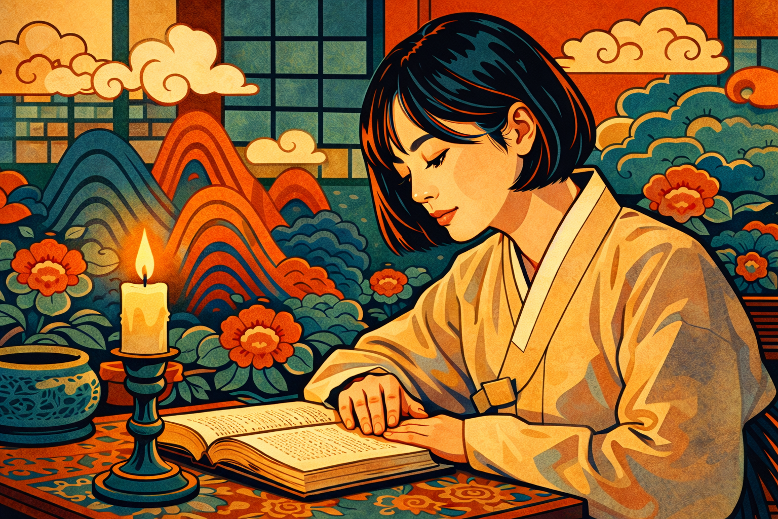 yin fire stem in K-Saju — minhwa style woman in hanbok reading by candlelight
