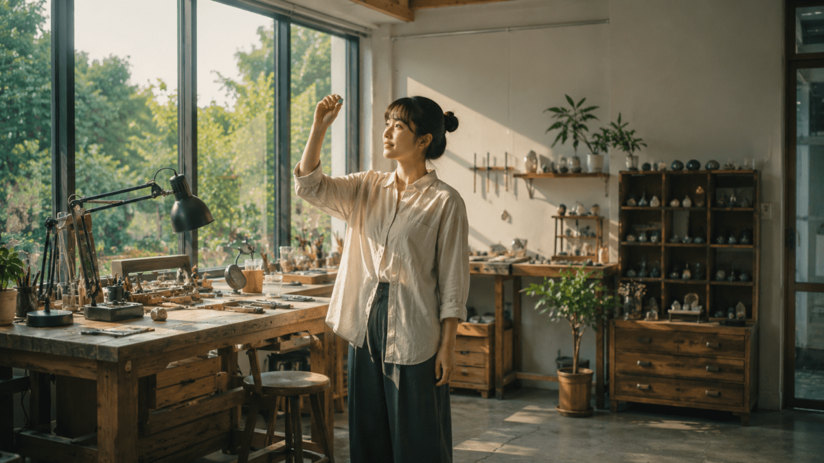 A woman in a sunlit workshop holding up a finished polished gem to the light, symbolizing the yin metal stem in K-Saju