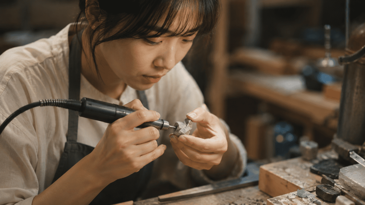 A woman in a workshop carefully polishing a raw gemstone with a precision tool, symbolizing the yin metal stem in K-Saju