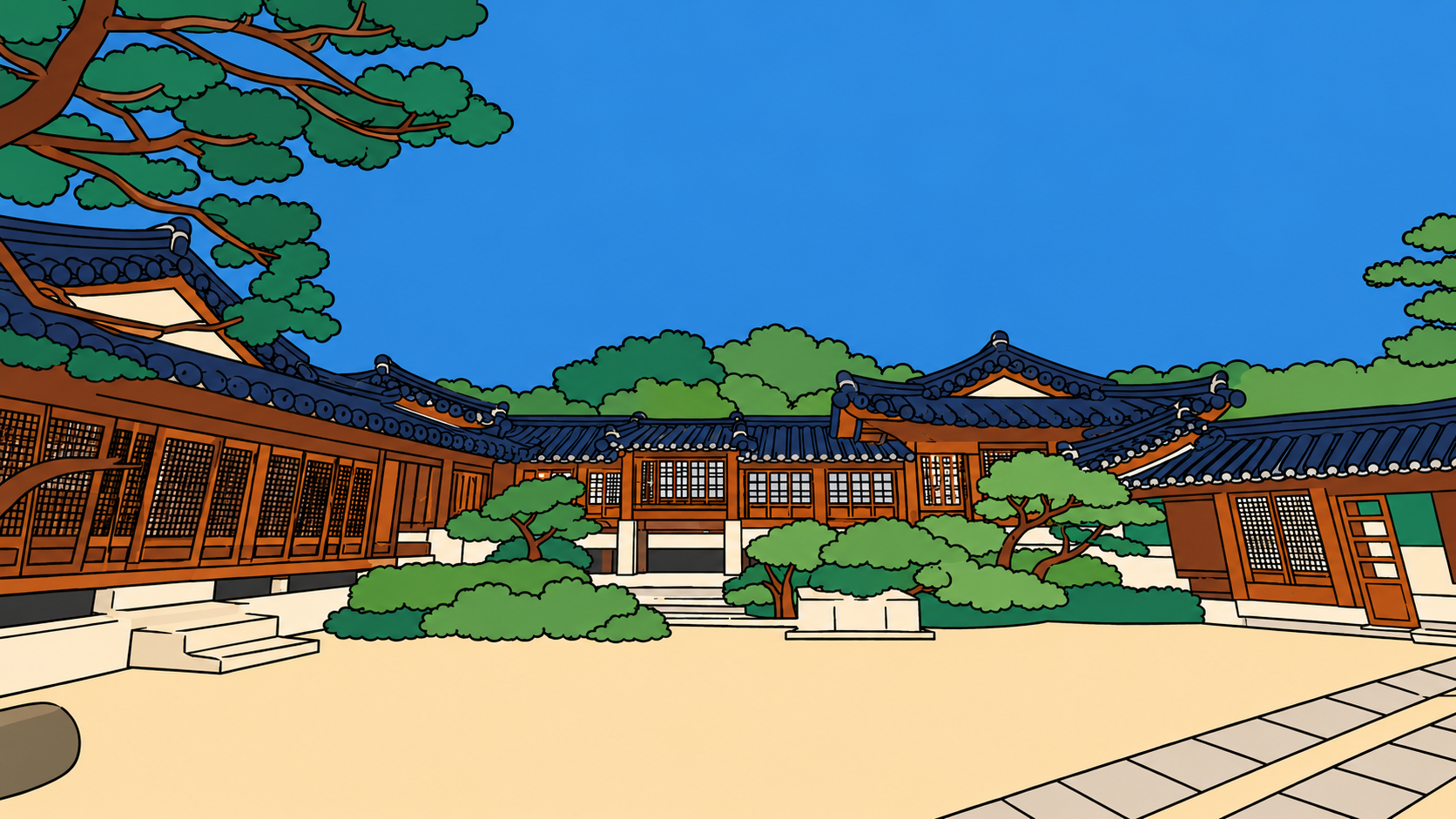 Illustrated traditional Korean hanok courtyard with pine trees under a clear blue sky, symbolizing the yin metal stem in K-Saju