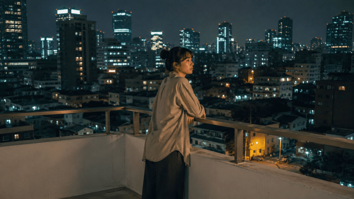 A woman standing quietly on a rooftop overlooking a glowing city skyline at night, symbolizing the yin metal stem in K-Saju