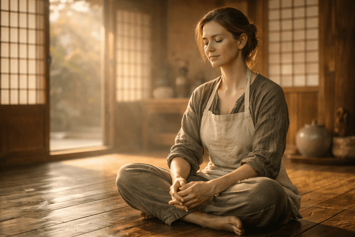 yin metal stem in K-Saju — woman seated in stillness on wooden floor in traditional Korean room at golden hour