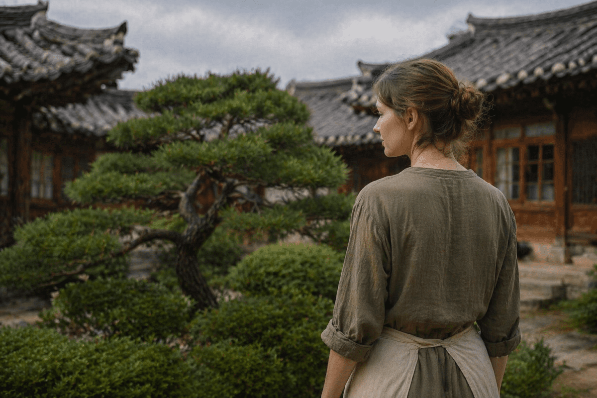 yin metal stem in K-Saju — woman standing in hanok courtyard facing twisted pine under overcast sky