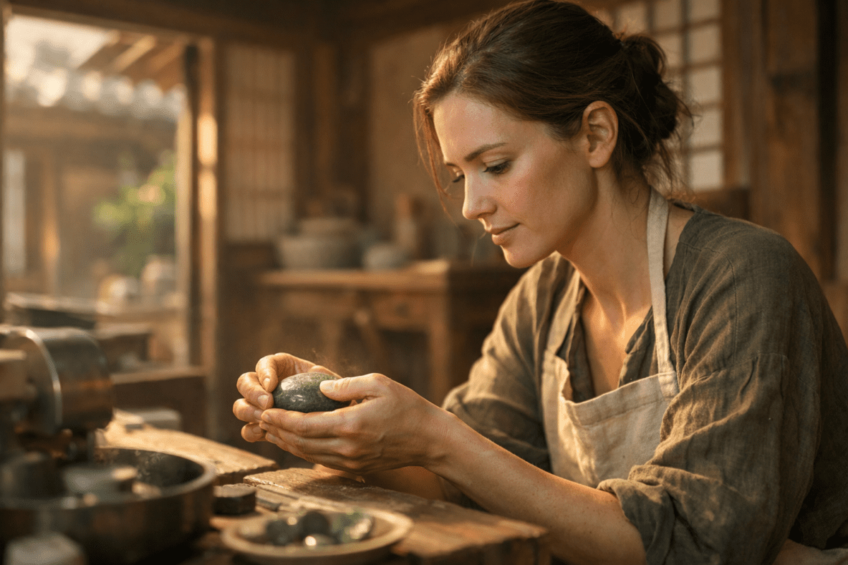yin metal stem in K-Saju — woman examining unpolished gem stone in hands at workshop workbench